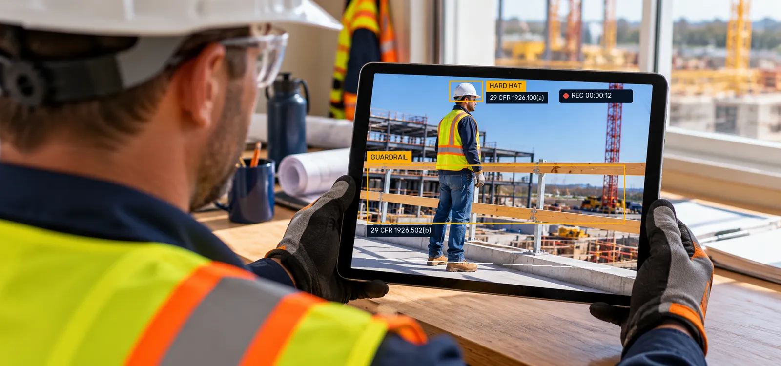 Manager reviews a tablet video frame with hard hat and guardrail rule tabs.