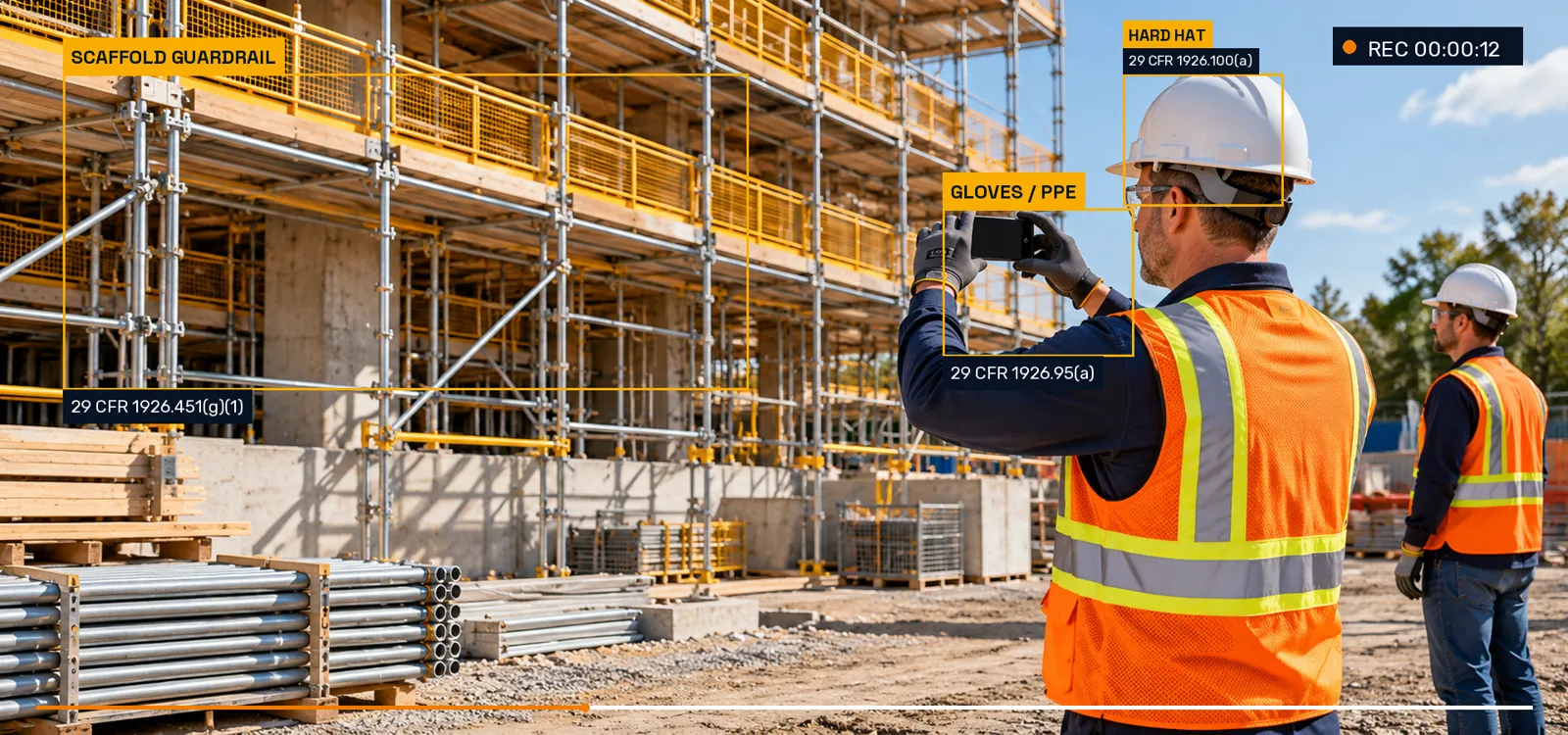 Supervisor records a guarded site, with protective gear and scaffold rule annotations.