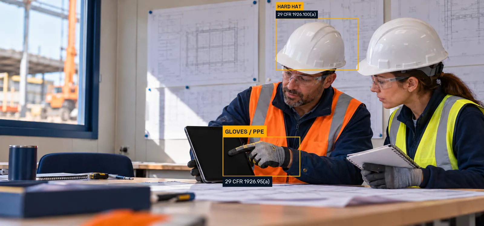 Safety lead and site manager meet at a planning table, with AI safety gear annotations.