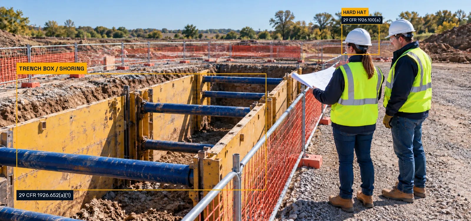 Two protected workers review a trench with a protective box, with hard-hat and trench-protection OSHA rule annotations.