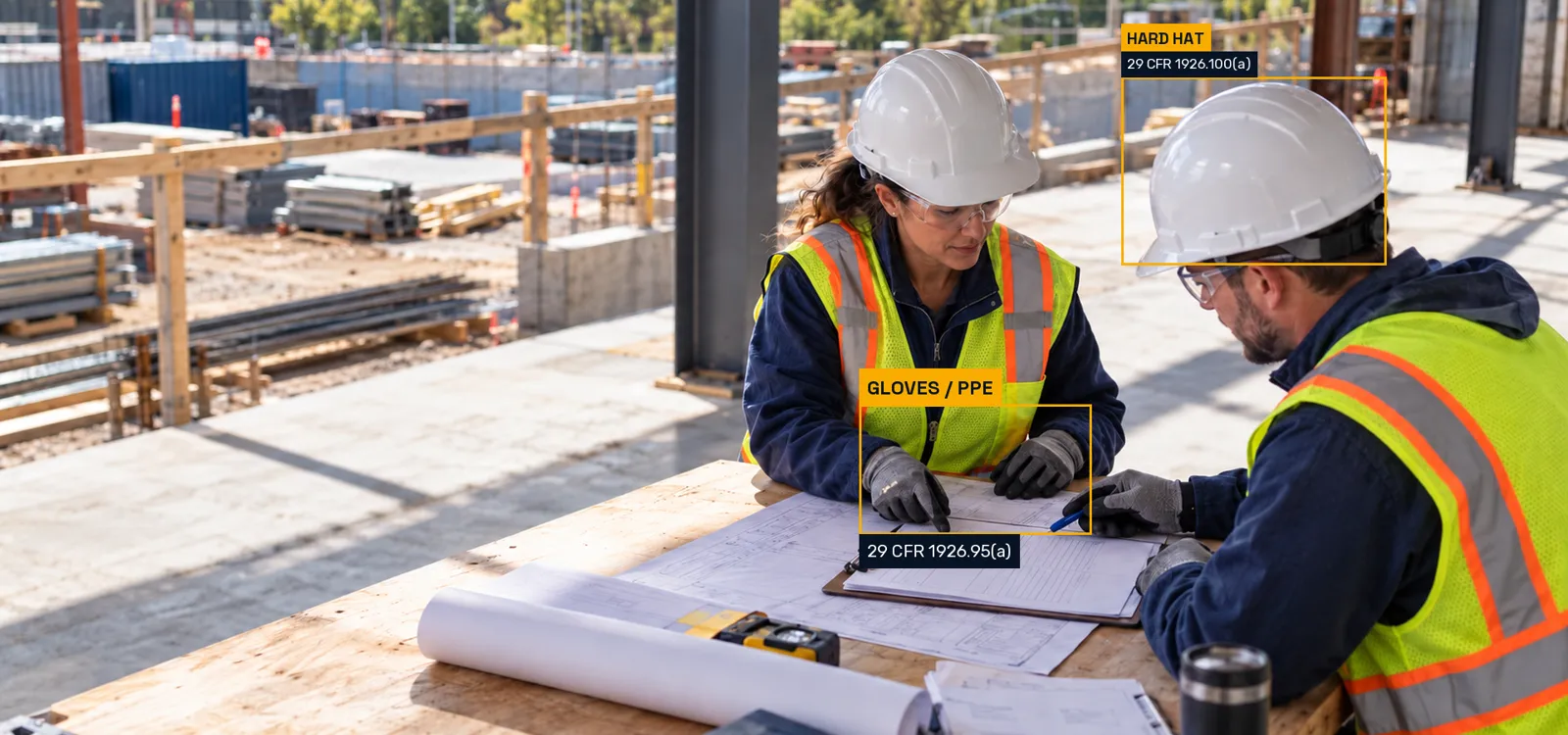 Two protected workers review site drawings, with hard-hat and glove OSHA rule annotations.