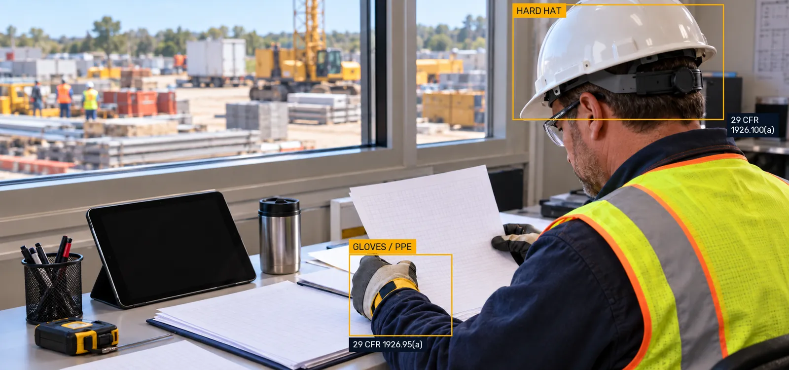 Safety coordinator reviews blank forms, with hard hat and glove rule tabs.