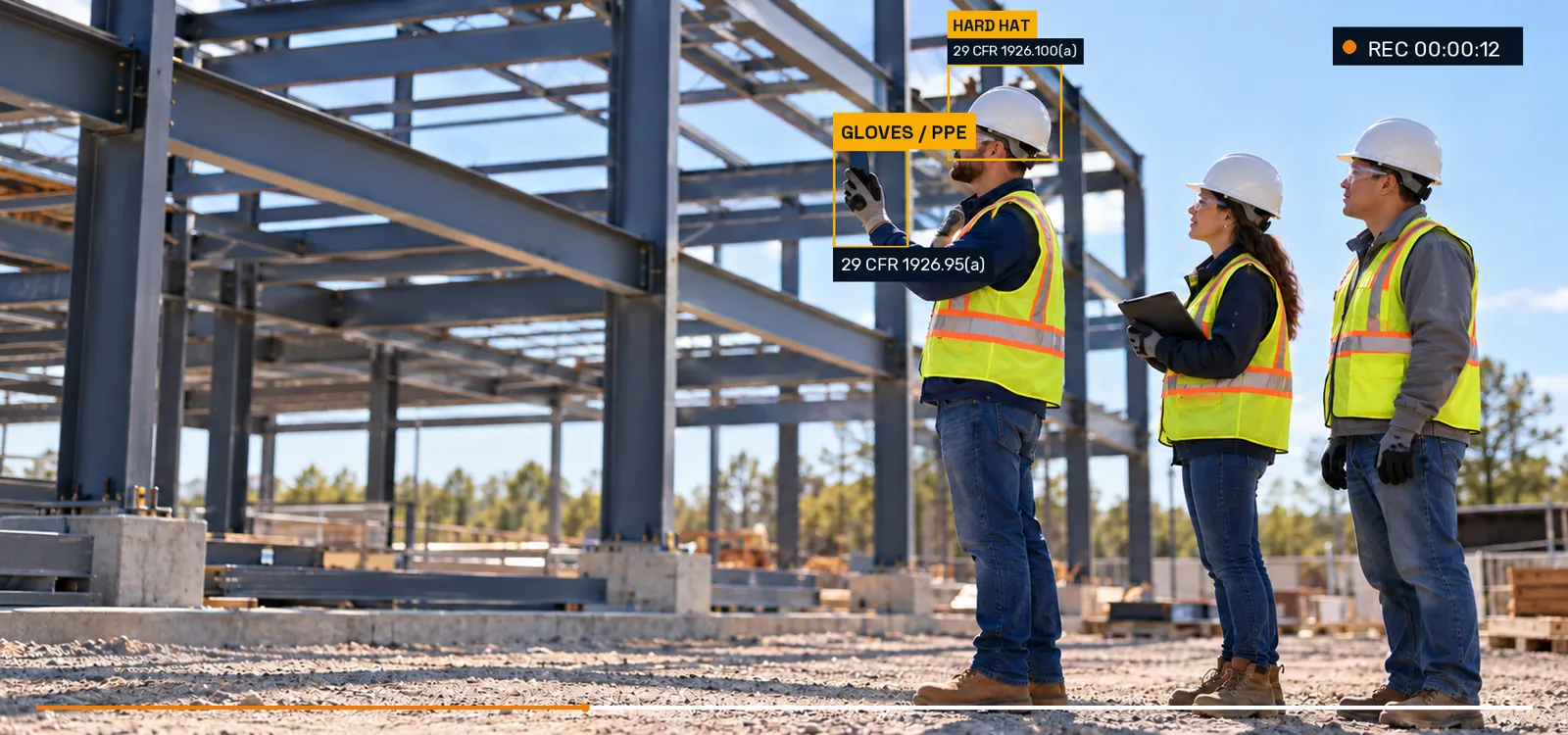 Construction team reviews a steel-frame site, with hard-hat and glove boxes and OSHA rule tabs in a video frame.