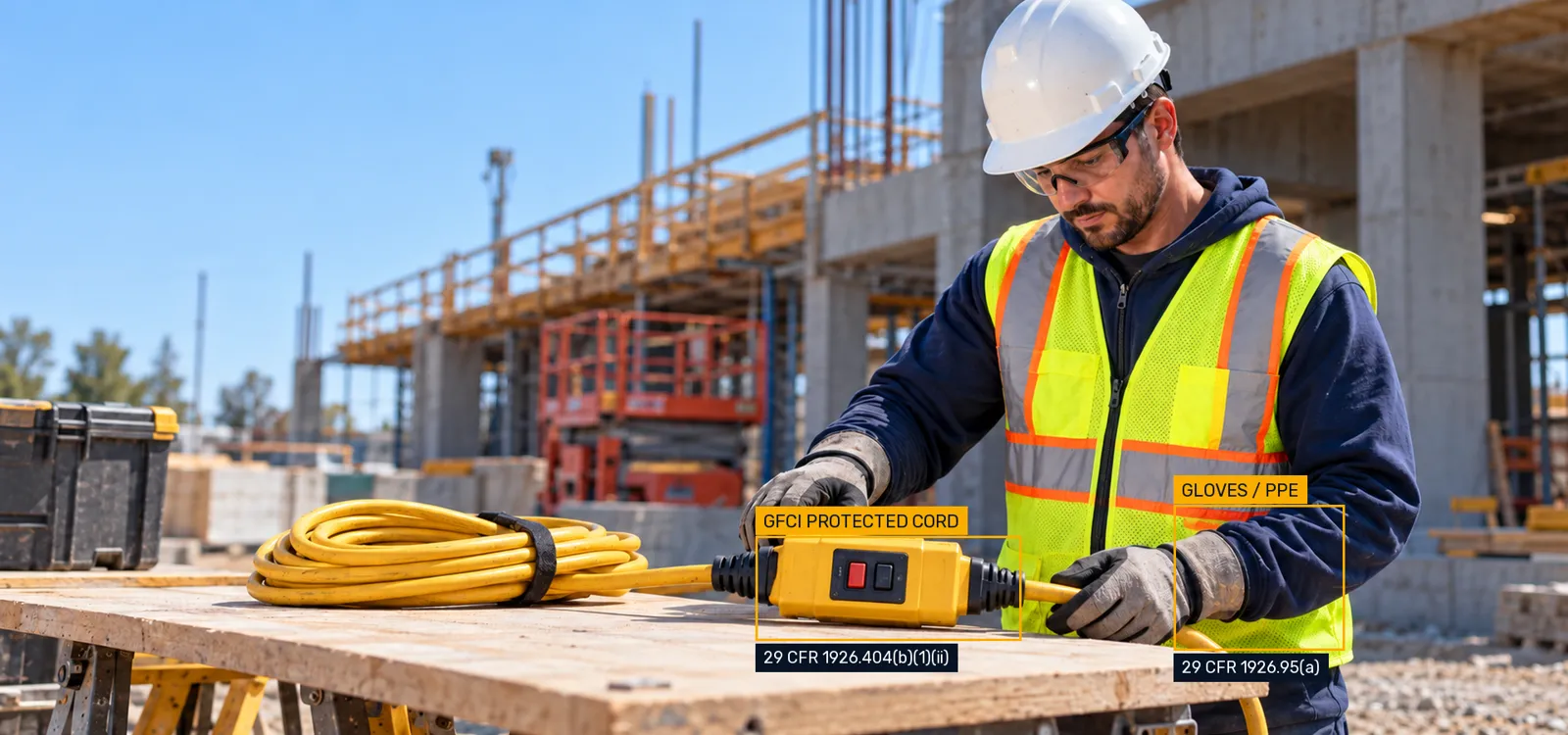 Electrician inspects a cord protection unit, with GFCI and glove rule tabs.