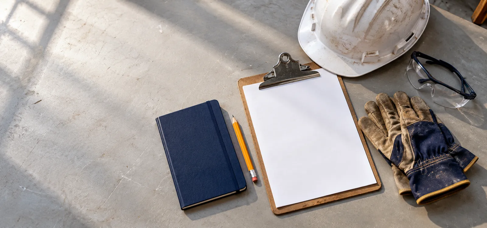 Hard hat, safety glasses, work gloves and blank checklist arranged on a table.