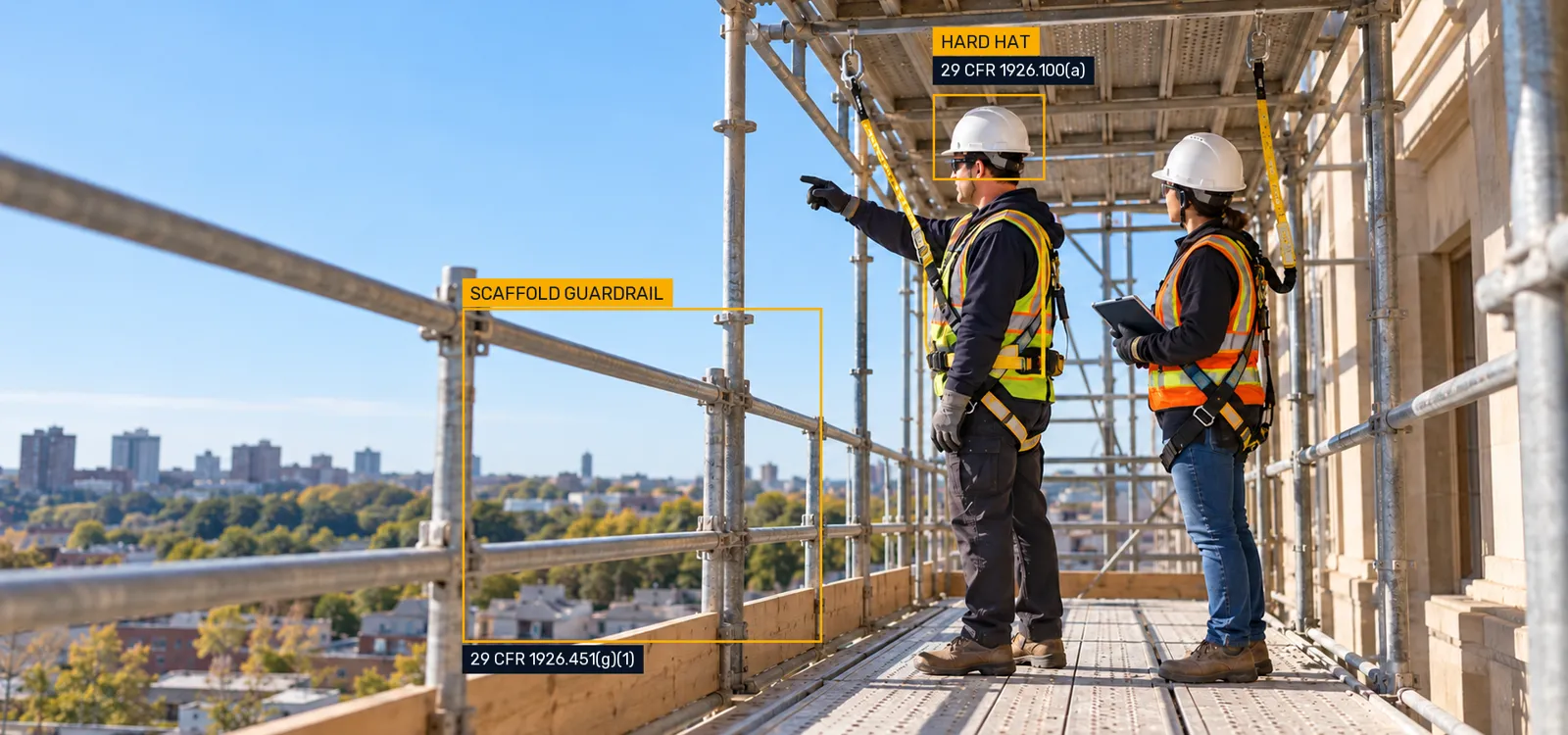 Workers on guarded scaffolding wear harnesses, with hard hat and scaffold rule tabs.