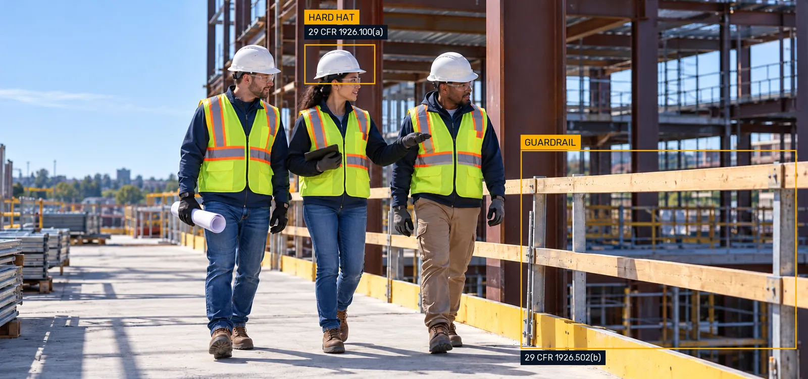 Crew walks beside a protected deck edge, with hard hat and guardrail rule tabs.