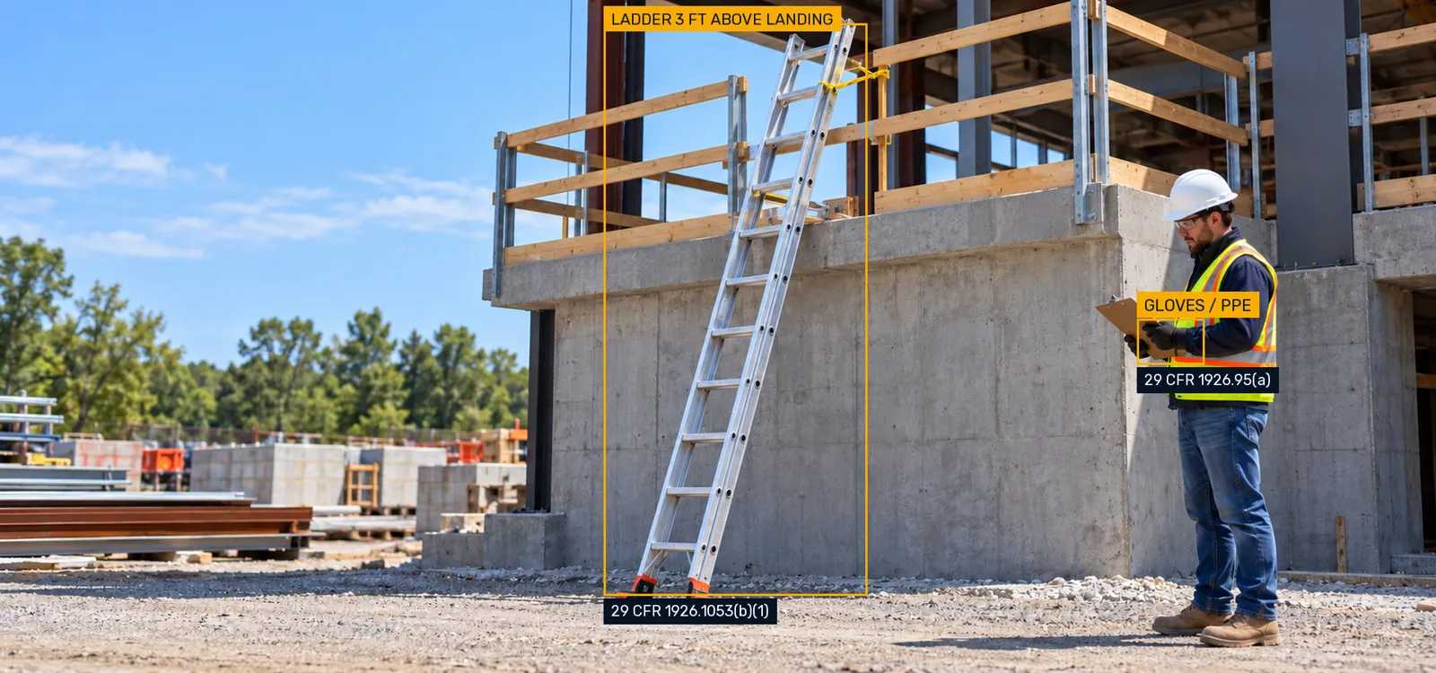 Secured ladder extends above a landing, with ladder access and glove rule tabs.