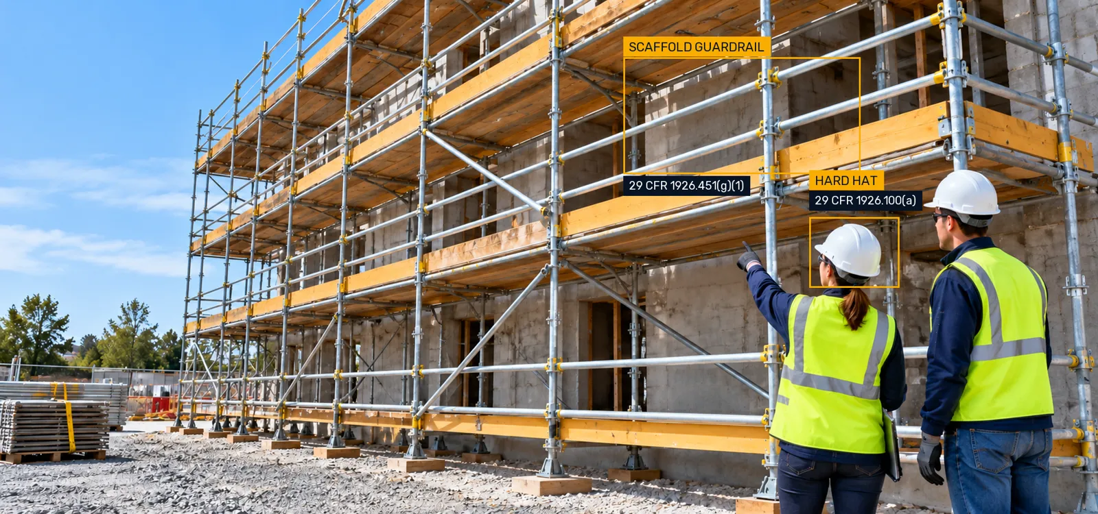Ground-level inspectors examine scaffolding, with scaffold guardrail and hard hat rule tabs.