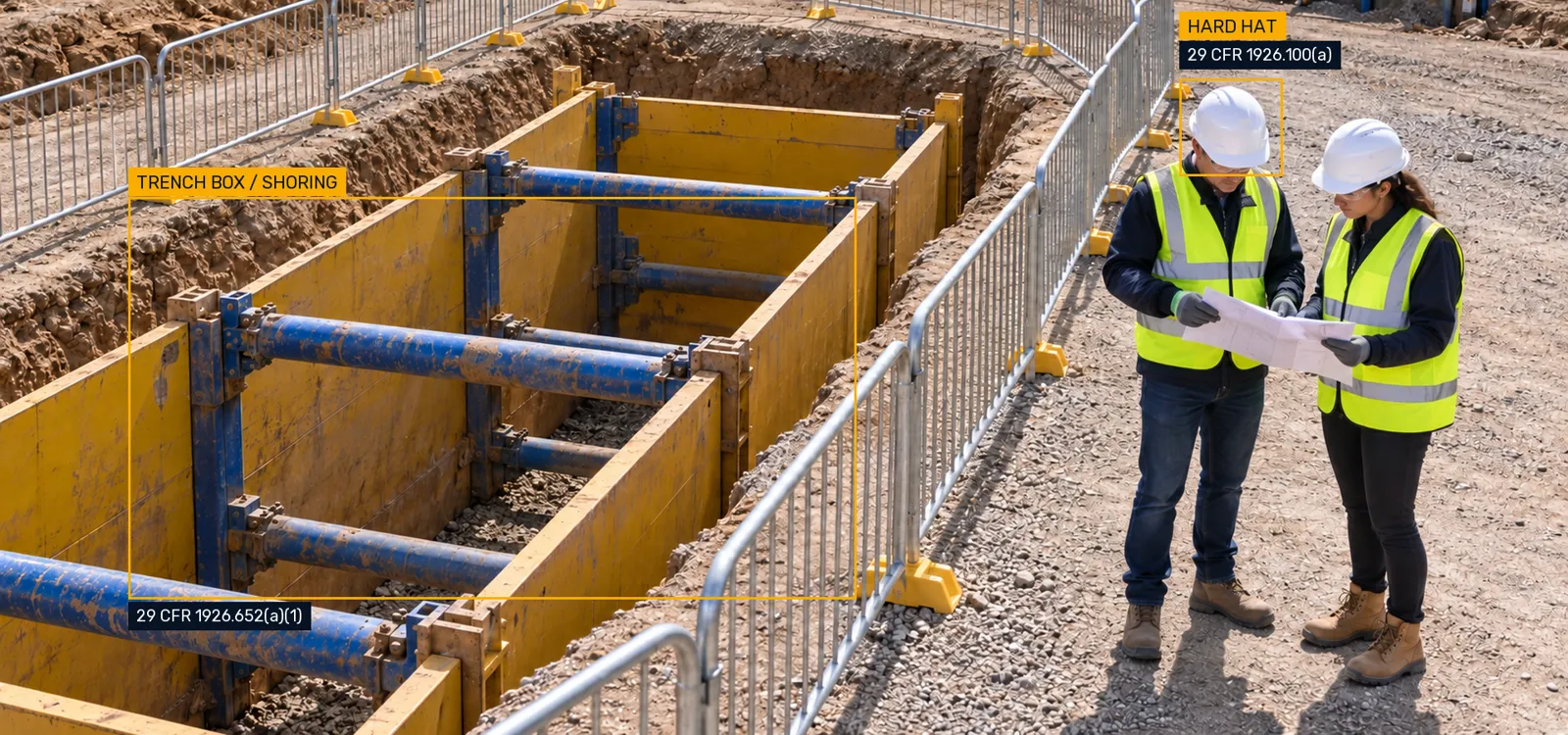 Inspectors review an unoccupied protected trench, with hard hat and shoring rule tabs.